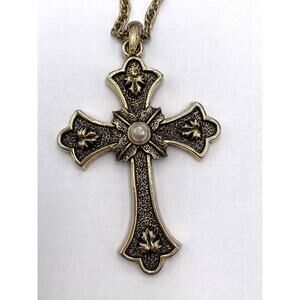 Sarah Coventry Limited Edition 1975 Necklace Cross 3” Vintage Gold Tone Estate